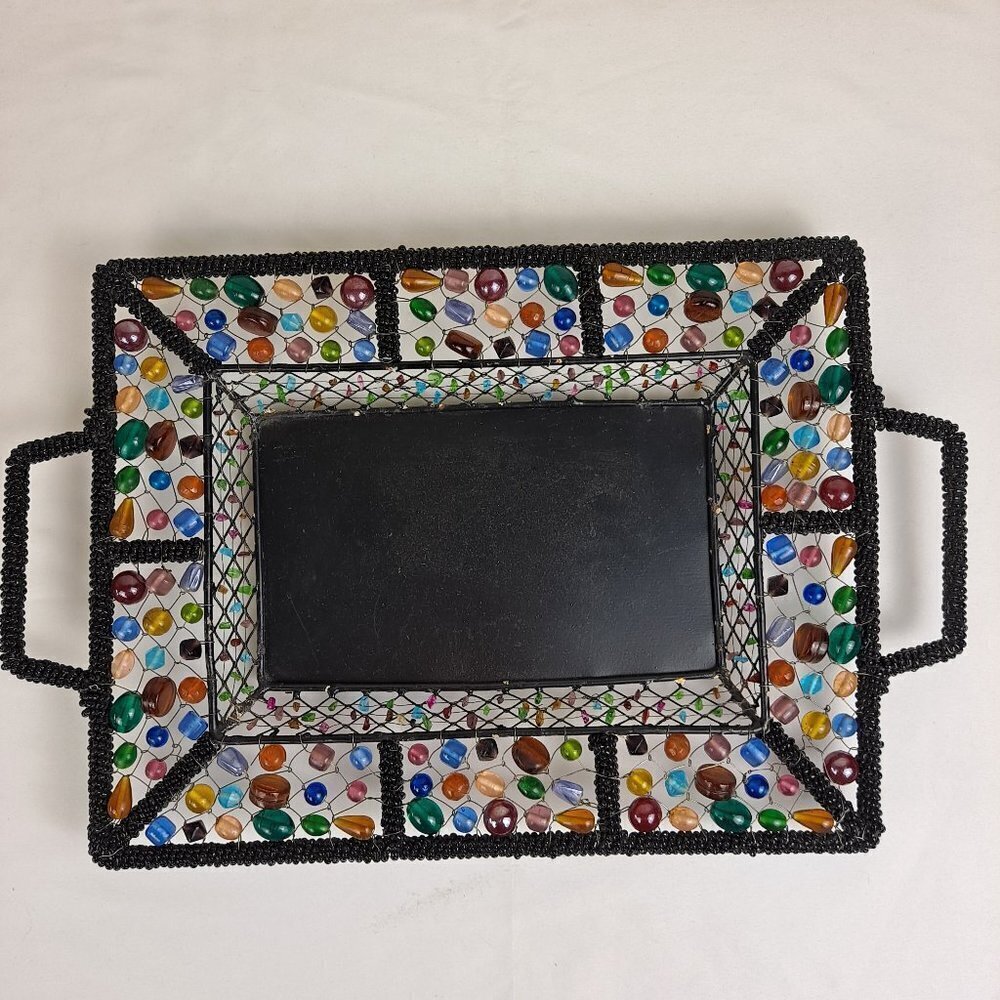 Handmade Colorful Beaded Metal Tray with Feet Handles Made in India Vintage